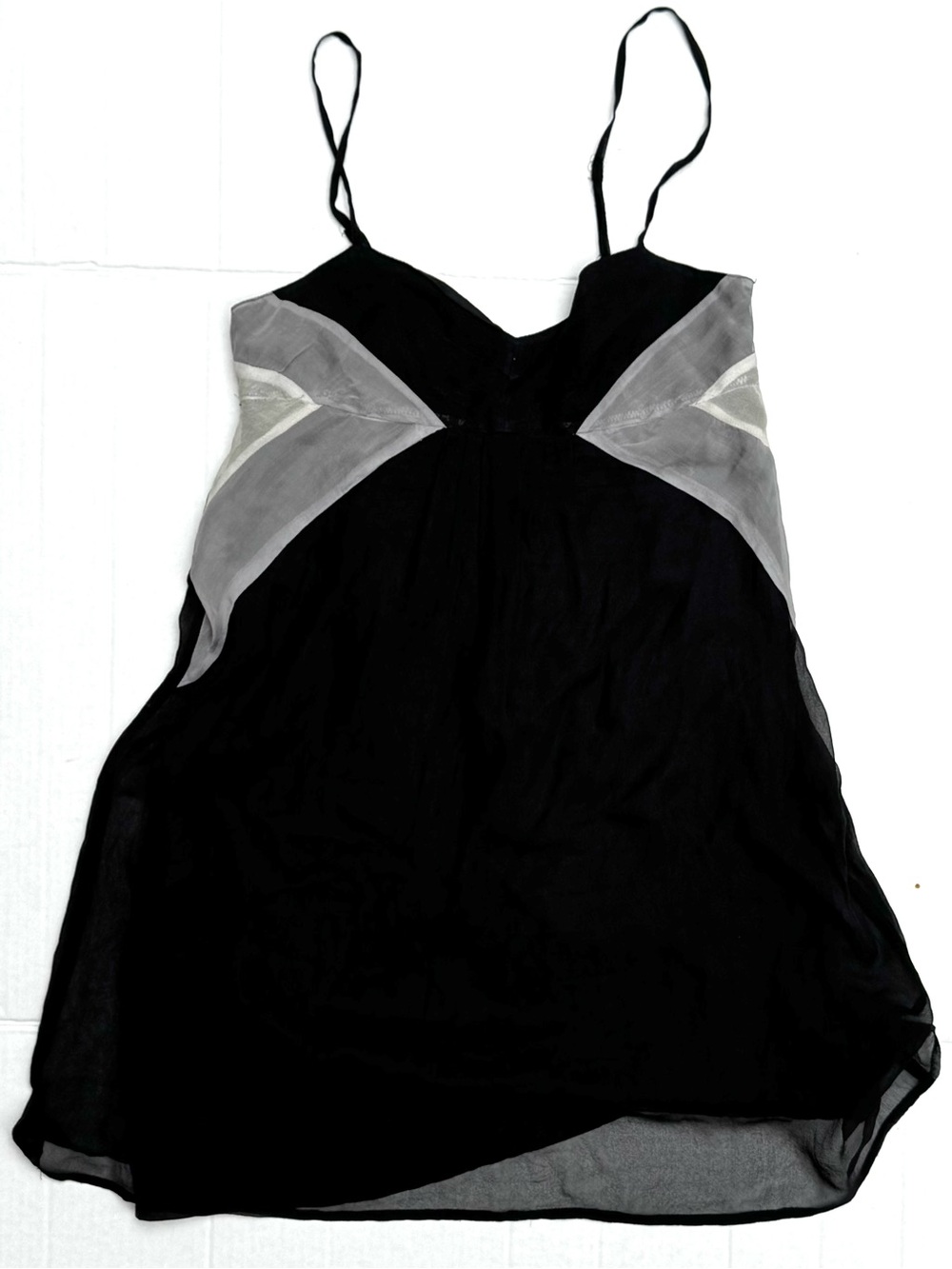 Vintage 100% Silk Black Sheer Spaghetti-Strap Babydoll Cami Geometric Insets